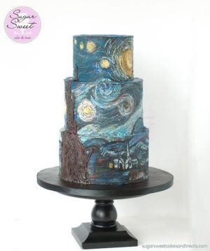 Quinceanera cake inspired by Van Gogh's Starry Night, featuring a three-tiered design with a starry sky decoration