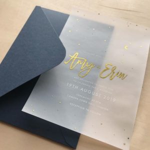 A Quinceanera invitation featuring The Starry Night artwork. It has a blue and white color scheme with gold foil accents.
