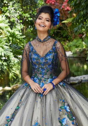 Quinceanera gown, a woman in a blue and gray dress posing for a picture