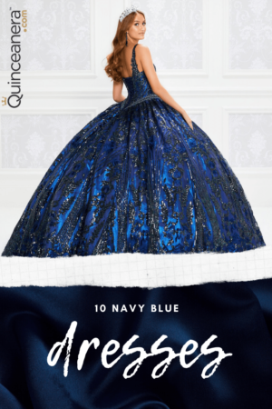 A woman wearing ten navy blue Quinceañera dresses