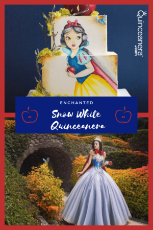 A picture of a quinceañera dress in a snow white theme, along with a snow white cake and a princess