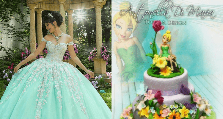 Tinkerbell-Themed-Quinceanera-Party-Feature-Image-Girl-in-mint-Quinceanera-dress-posing-Tinkerbell-layer-cake
