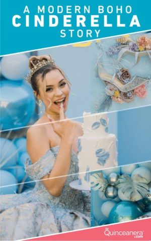 A Quinceañera woman holding a cake in a blue dress