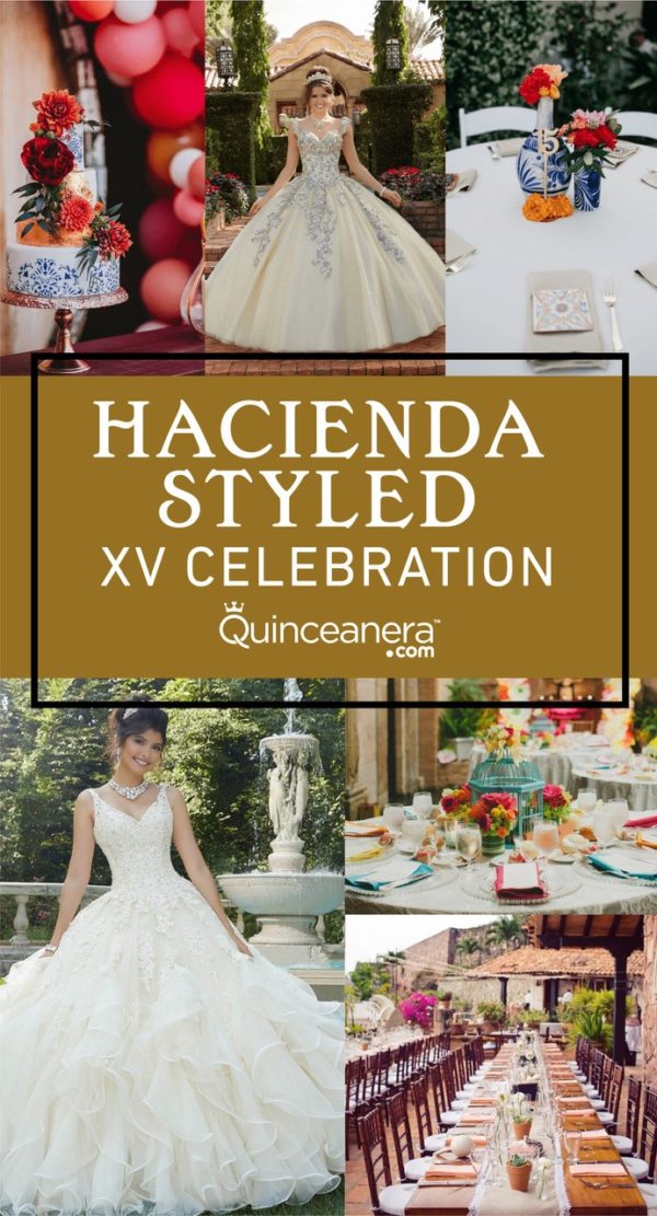 A Quinceanera collage featuring a woman in a Quinceanera dress in a hacienda theme
