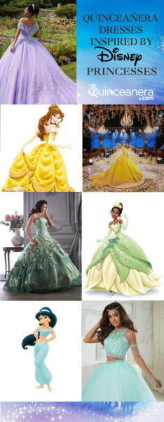 A collage of Disney princess Quinceañera dresses