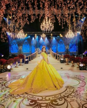 A woman in a yellow dress standing on a stage at a Disney princess themed Quinceanera, wearing one of the Quinceañera dresses.