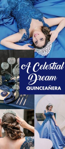 A celestial Quinceañera collage featuring photos of a woman in a beautiful blue dress.