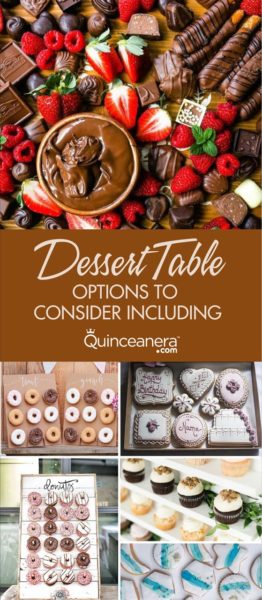 A Quinceanera dessert table with options to consider including a chocolate martini and baking