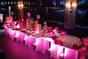 A Quinceanera celebration with a euphoria theme. The image shows a long table filled with lots of candy and candies, representing a sweet sixteen celebration.