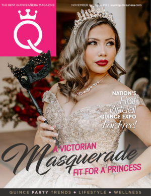 Beauty, a woman in a Quinceanera dress holding a mask
