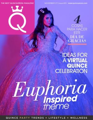 A woman wearing a purple euphoria quinceanera dress on a magazine cover.