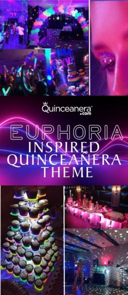 Quinceanera party, a collage of photos featuring a euphoria themed party with neon lights