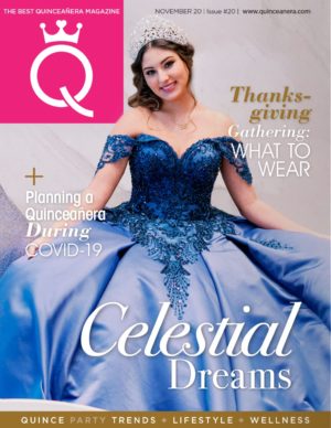 Quinceanera magazine cover featuring a woman in a blue gown