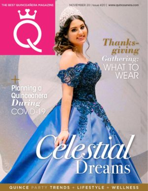 Quinceanera Gown, a woman in a blue dress on the cover of a magazine