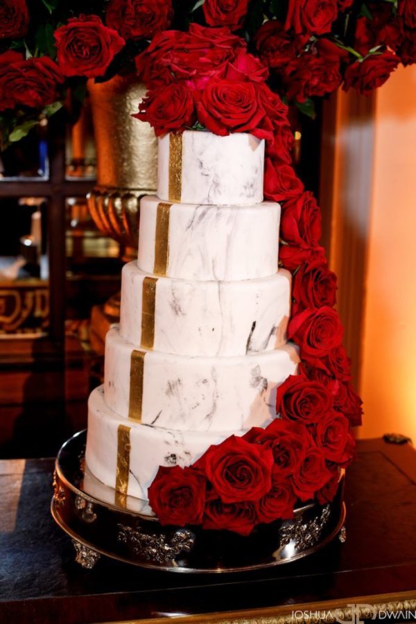A Quinceanera cake, a cake with red roses on a table