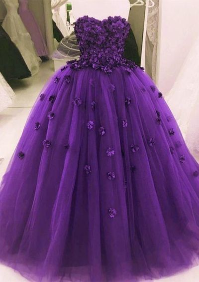 Quinceanera: A big purple ball gown with flowers, perfect for prom dresses.