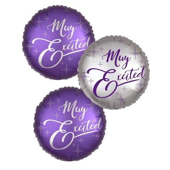 Quinceanera-themed image featuring a lilac balloon and three foil balloons with the words 'may birth'
