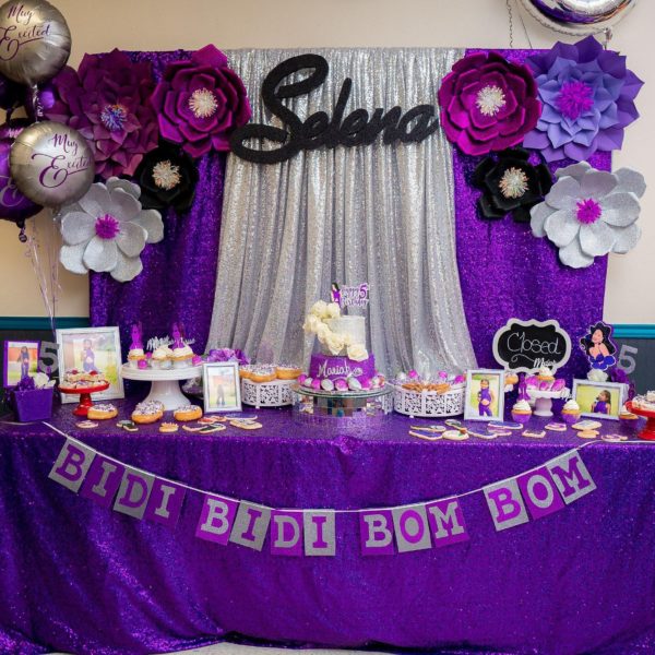 Selena-themed Quinceanera Party featuring a purple and silver color scheme with balloons and decorations