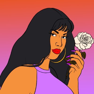 A Quinceanera theme image with a background art of Selena. It features a woman with long black hair holding a rose.