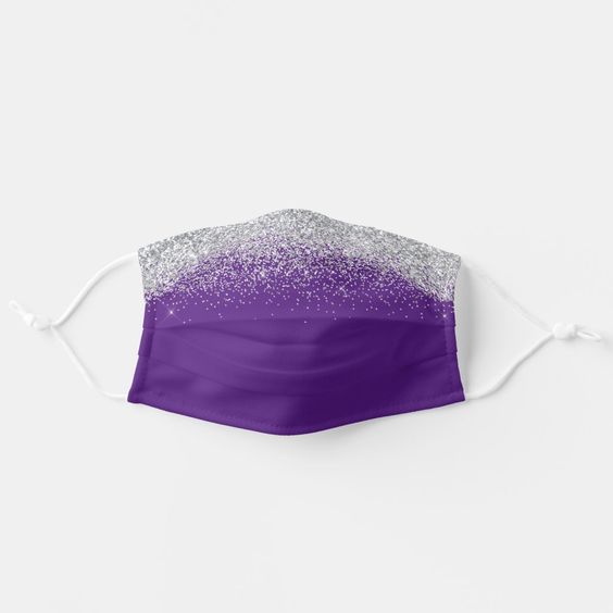 A Quinceanera-themed product design featuring a lilac glitter face mask with hints of purple and silver