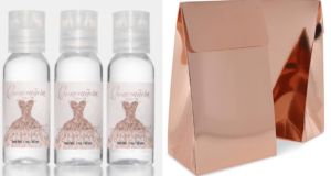 A Quinceanera-themed image featuring a bottle of liqueur hand sanitizer next to a bottle of water