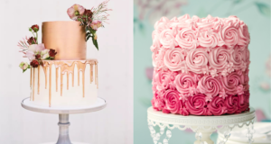 A Quinceanera cake placed on a cake stand. The cake features an ombre design with pink and white rose-shaped frosting rosettes.