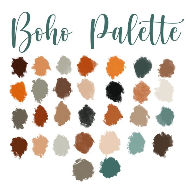 Aesthetic color palette with a boho theme. It features a bunch of different colors of paint with the words 'boho palette'.