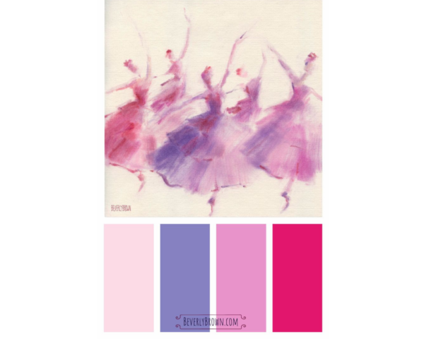 A painting of a group of ballerinas in pink and purple, inspired by the Waltz of the Flowers from The Nutcracker, Op. 71