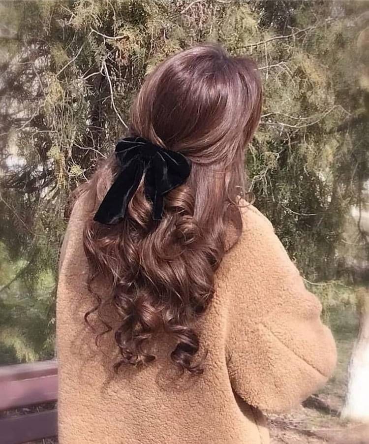 Dark academia Quinceanera hairstyle, a woman with a black bow in her hair