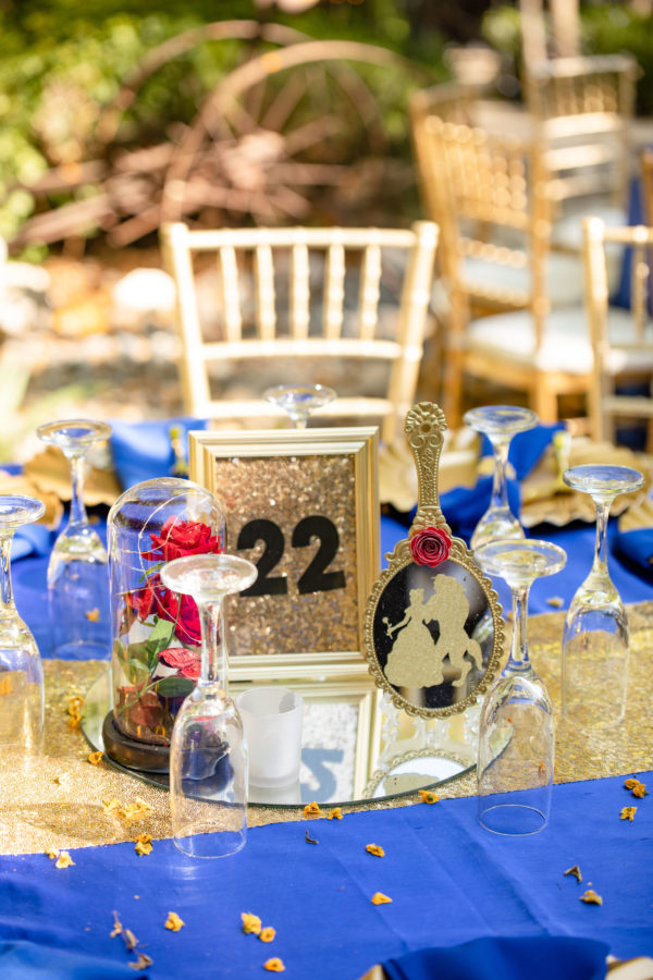 Drinkware Quinceañera table with a blue table cloth and a gold table number