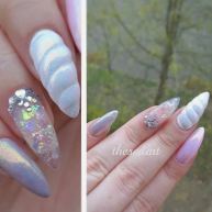 Two pictures of a woman's nails with different designs. The nails are painted with Quinceanera themed nail polish.