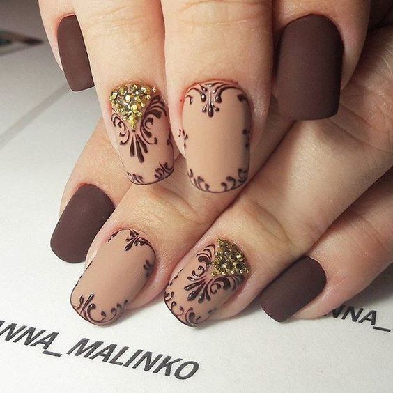 Quinceanera nail designs, a woman's hand with a manicured manicure featuring nude brown nail polish in a matte finish