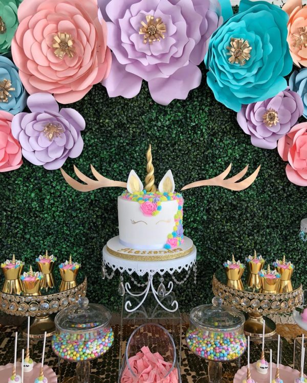 A table topped with lots of cupcakes and cakes decorated with sugar cake for a Quinceanera celebration.
