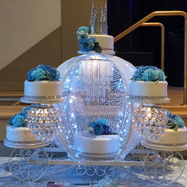 A Quinceanera centrepiece cake with blue flowers and a carriage