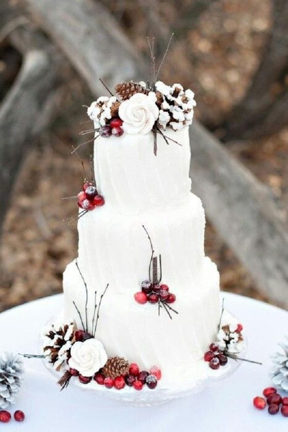 A winter-themed Quinceanera cake decorated with pine cones, berries, and cupcakes.