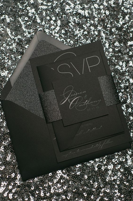 Quinceanera Invitation, a black and silver Quinceanera invitation on a glitter background