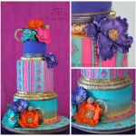 A colorful Quinceanera cake with cake decorating elements and a collage of photos