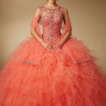 Quinceanera: A woman in a red dress posing for a picture, wearing a gown