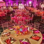 A Quinceanera theme party with a bollywood vibe, set in a banquet room with tables.