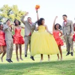 Quinceanera dress with a group of people jumping in the air