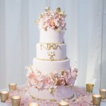 A beautiful Quinceanera cake with a pink theme, featuring a white base and pink flowers on top.