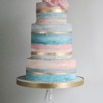 A three-tiered Quinceanera cake with pastel rose quartz and serenity colors. The cake has a pink flower on top.