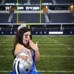 A Quinceanera celebration at AT&T Stadium, with a woman in a dress sitting on a football field