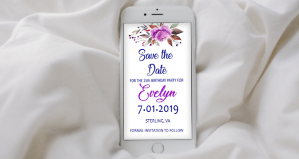 A lilac Internet, a cell phone with a Quinceanera invitation on the screen