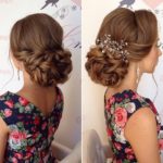 Two pictures of a woman with a flowered dress wearing a bun hairstyle, perfect for Quinceanera