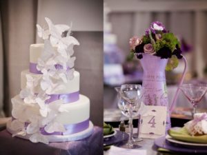 Quinceanera cake, a purple and white cake on a table