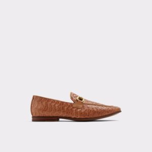 Image description: A tan suede, Quinceanera-themed loafer with a brown color and a gold buckle.