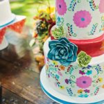 A close up of a three tiered Quinceanera cake on a table, decorated with intricate designs