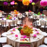 Quinceanera decorations, a table with many chairs and tables covered in paper flowers