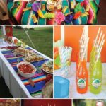 A collage of pictures of different foods and drinks at a plastic Quinceanera party.